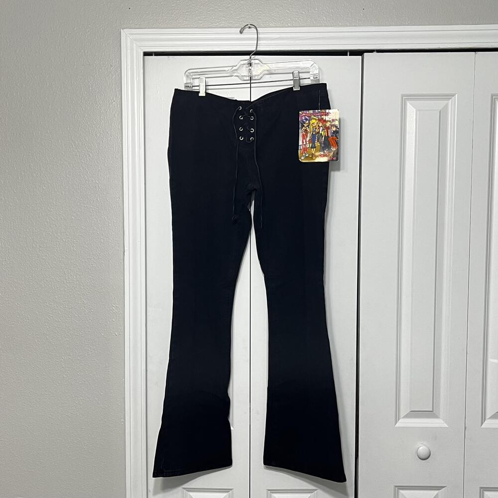 Vintage Paris Blues Jeans Y2K Black Flare Lace Up USA Denim Sz 31 31.5” Inseam